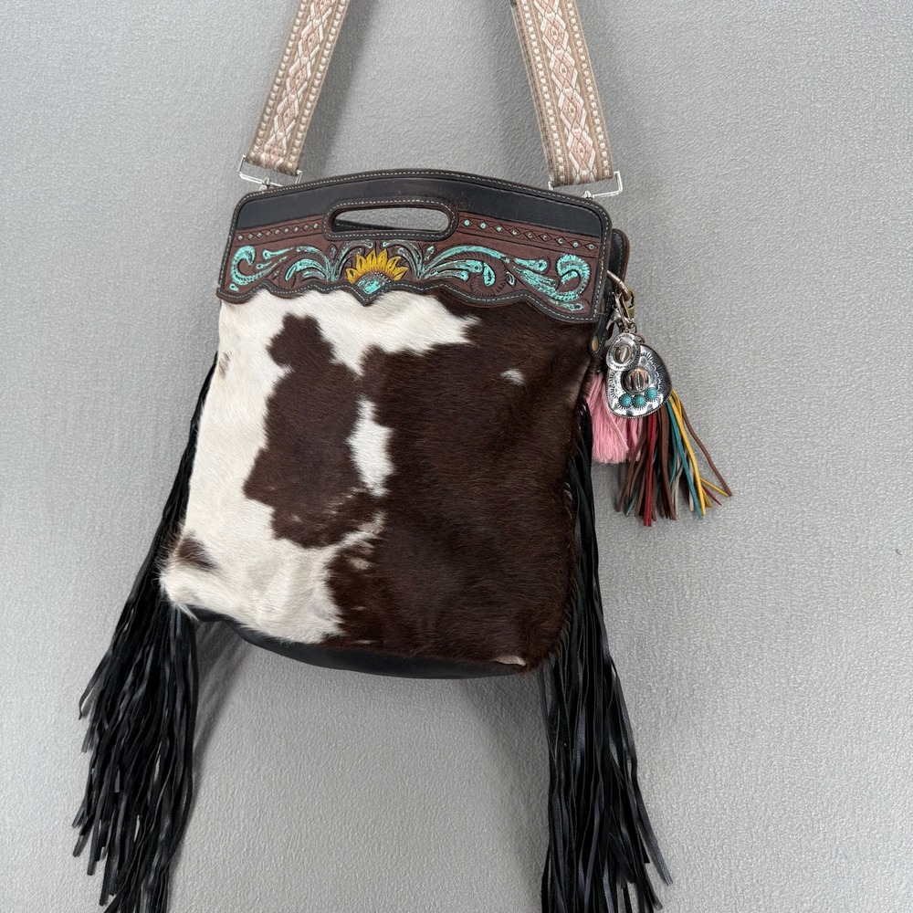 Myra Cowhide Leather Fringe Crossbody Handbag Western Floral Bag